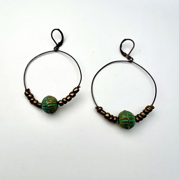 Antique Style Brass Beaded Hoop Earrings Pierced Ears - Picture 6 of 8